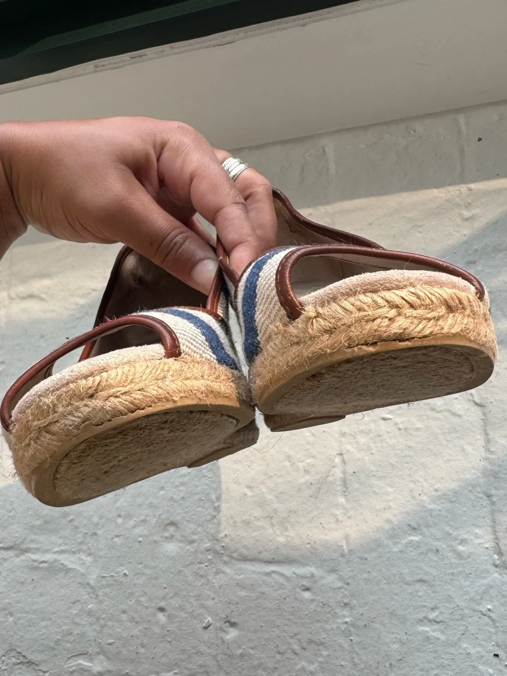 Striped Navy and Cream Espadrille Wedge Peep-Toe Heels
